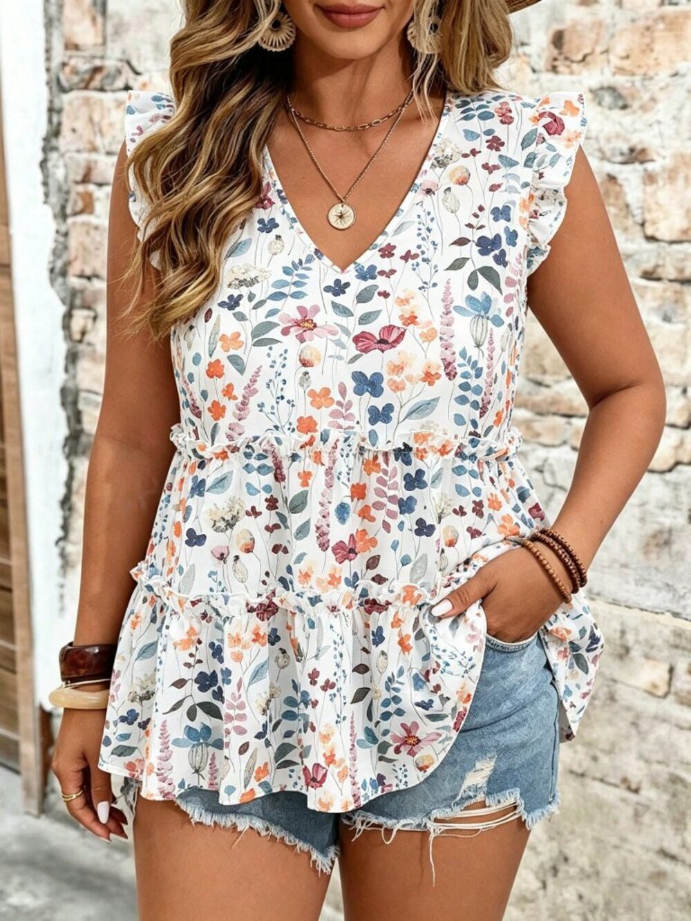 Multicolor Boho Women's Plus Size Woven Floral V-Neck Flutter Sleeve Blouse